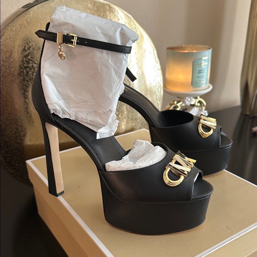 Michael Kors Black Platform Heels with Gold Accents-Martina Peep Toe Pump - Picture 4 of 7